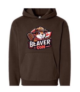 Brown hoodie with a Beaver Con logo